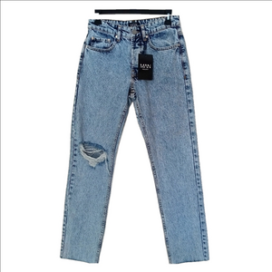 boohooMAN Jeans Men's Blue Size 28 R‎ Button Fly High Rise Raw Hem Blown Knee